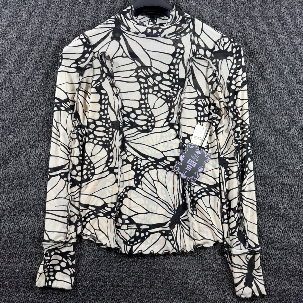 Free People Anna Sui Butterfly Mesh Top Ivory Comb Long Sleeve Mock Neck L NWT